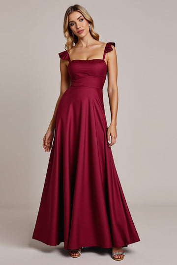 Simple Burgundy Satin Ruffled A Line Long Bridesmaid Dress